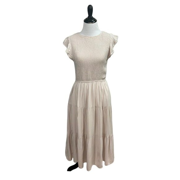 Zesica Dresses & Skirts - Zesica Women's S Small Peasant Midi Dress Smocked Cap Sleeves  Boho Beige